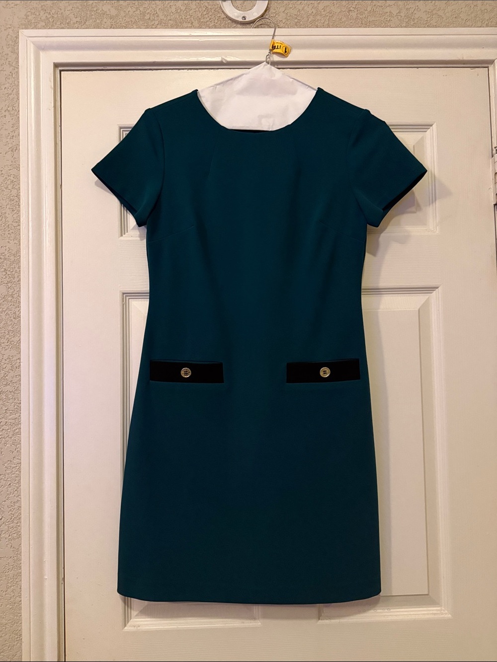 Tommy Hilfiger Dark Teal Short Sleeve Shift Dress with Black Pocket Trim